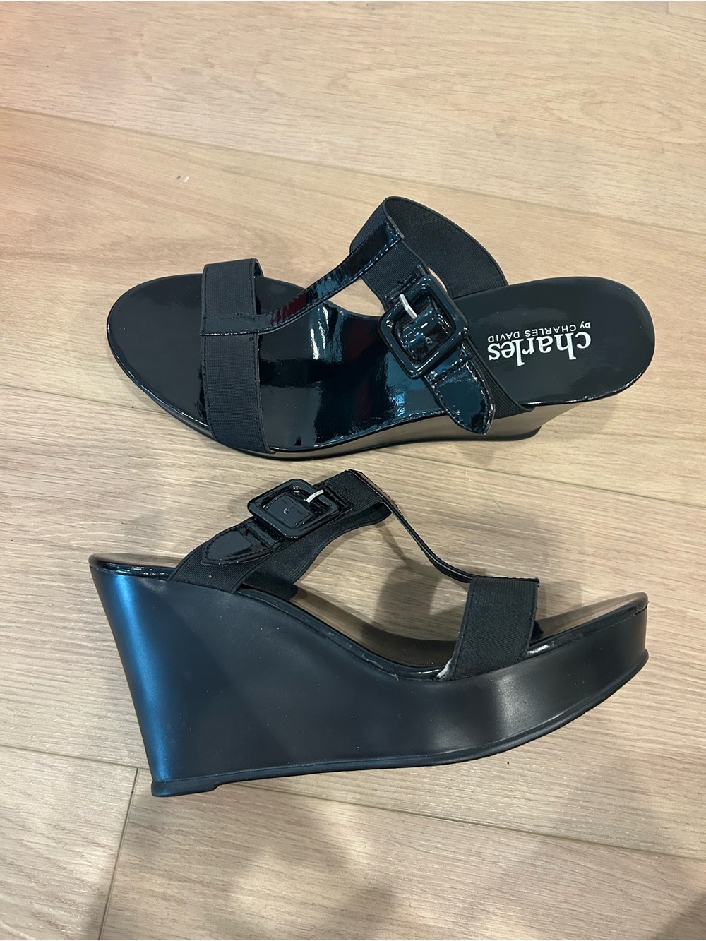 Charles David Black Patent & Fabric Wedge Sandals • Size 7.5 👡🖤